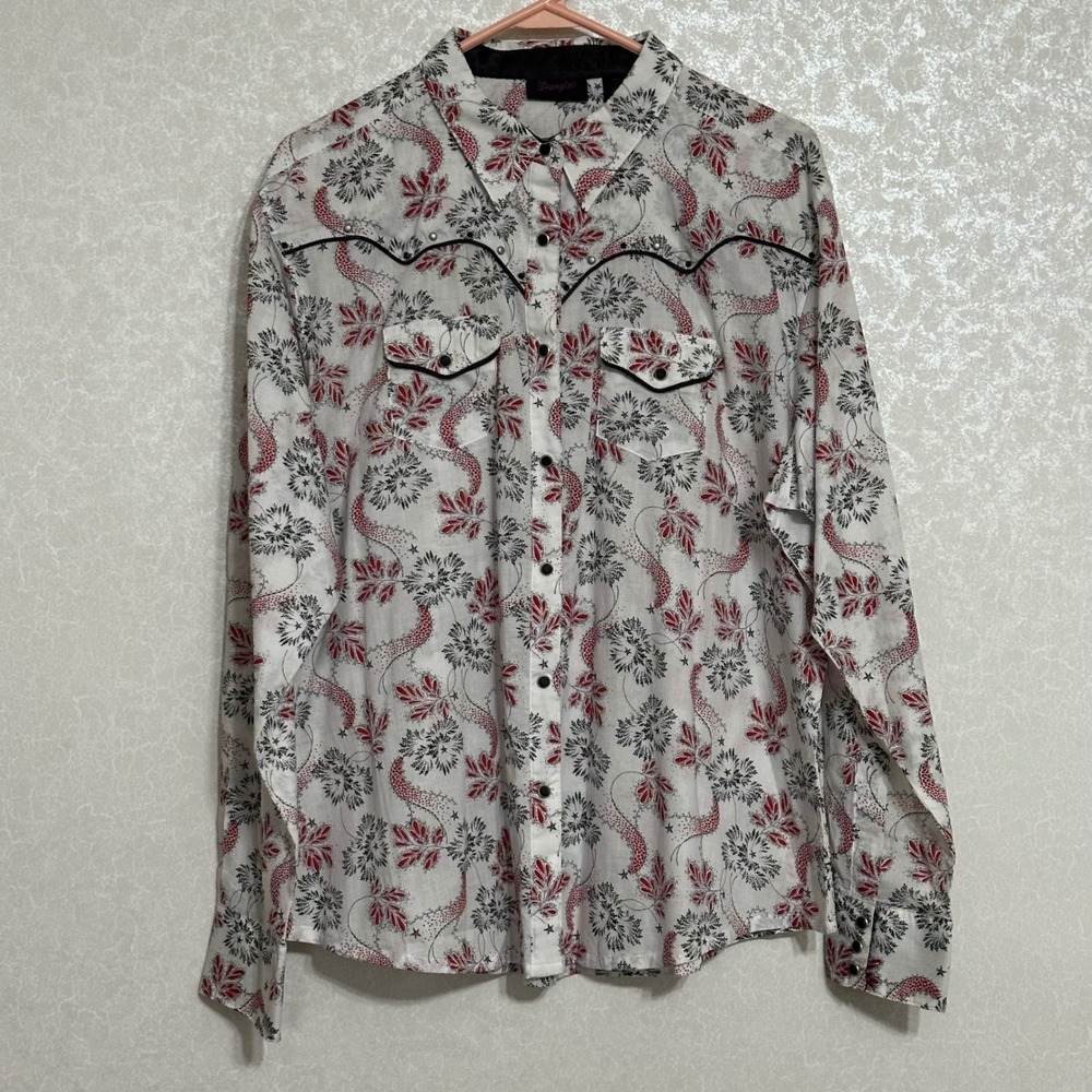 Wrangler Western Snap Shirt Floral Studded Piping‎ Cotton White Red Black XXL